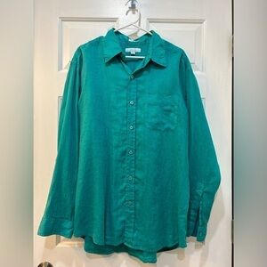 Men's 100% Linen Button Front Shirt Casual Single Breast Pocket Long Sleeve Sz L